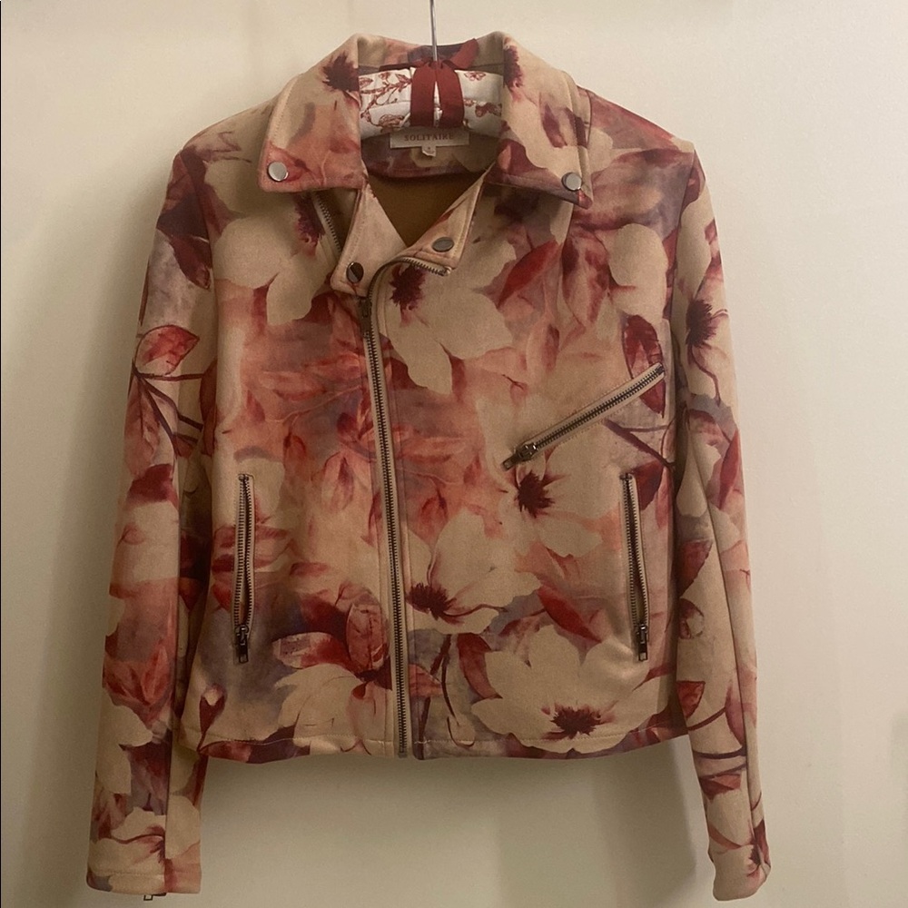 Cream and Red Leather Floral Print Jacket